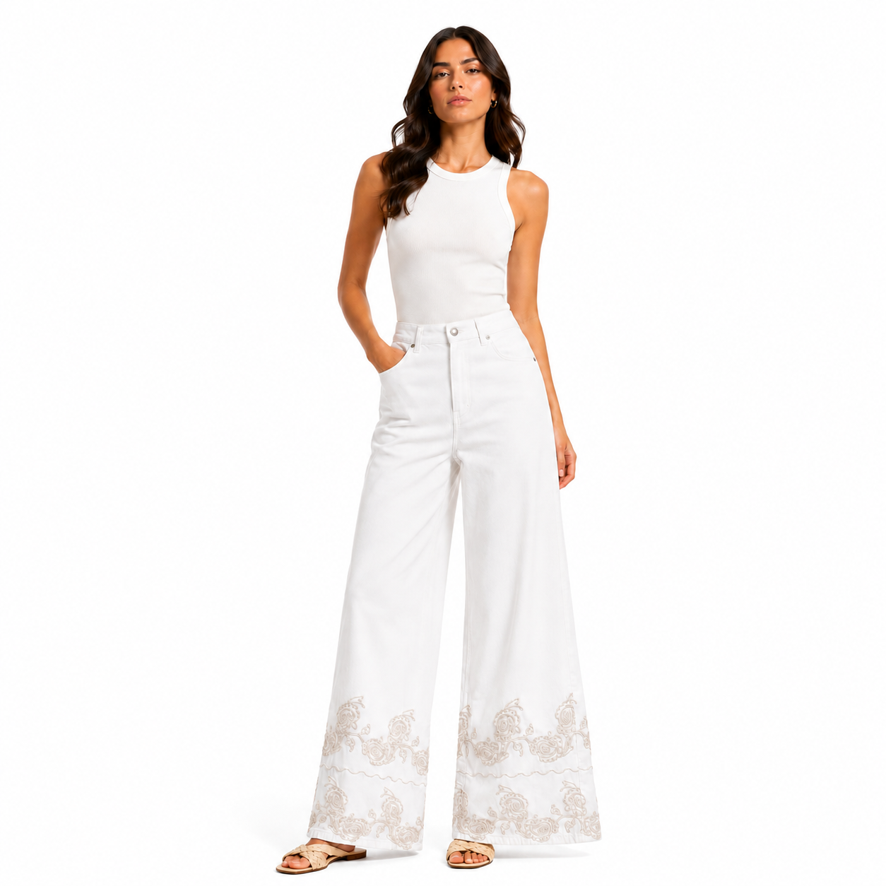 White Embroidered Wide Leg Jeans