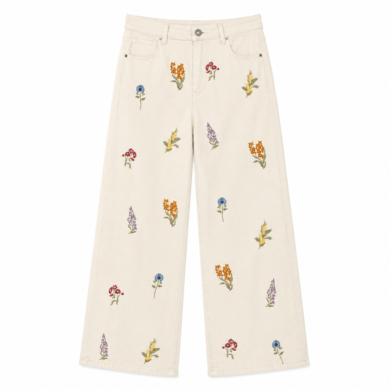 Beige Floral Embroidered Wide Leg Pants on a clean white studio background.