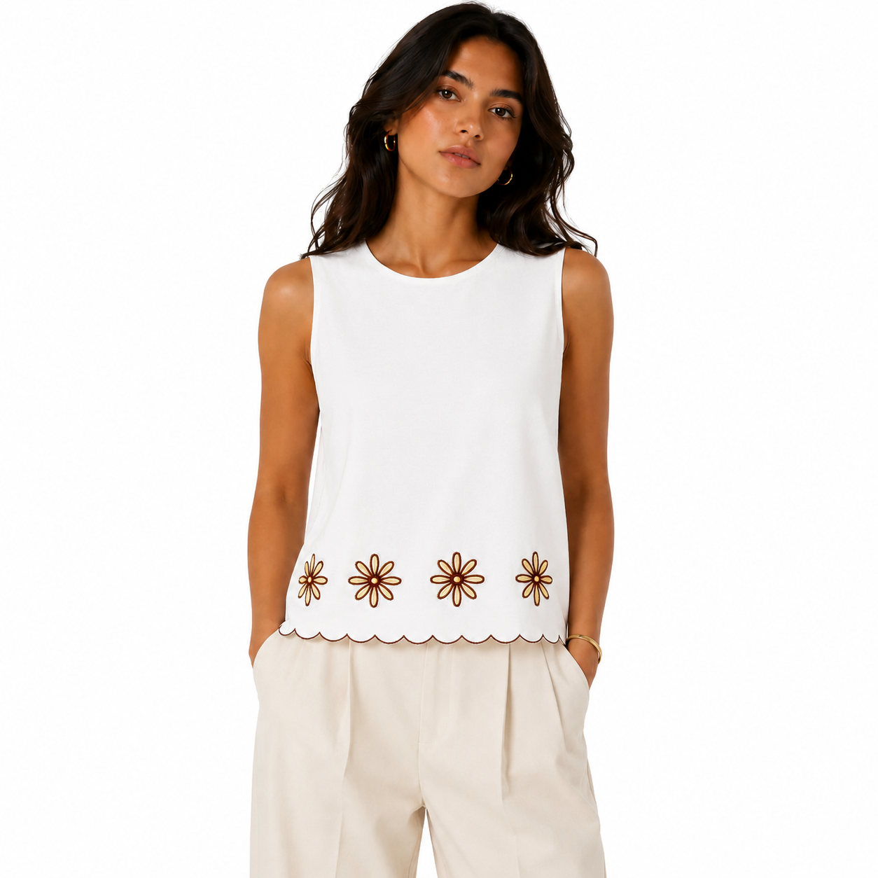 White Daisy Embroidered Sleeveless Top