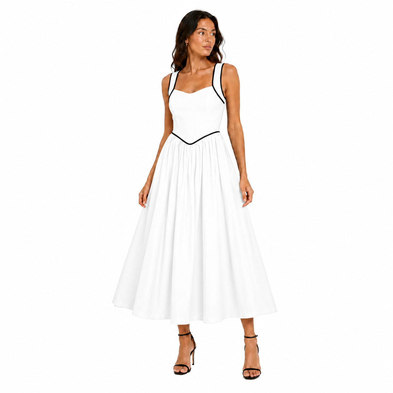 Full Skirt Dress with Contrast Piping