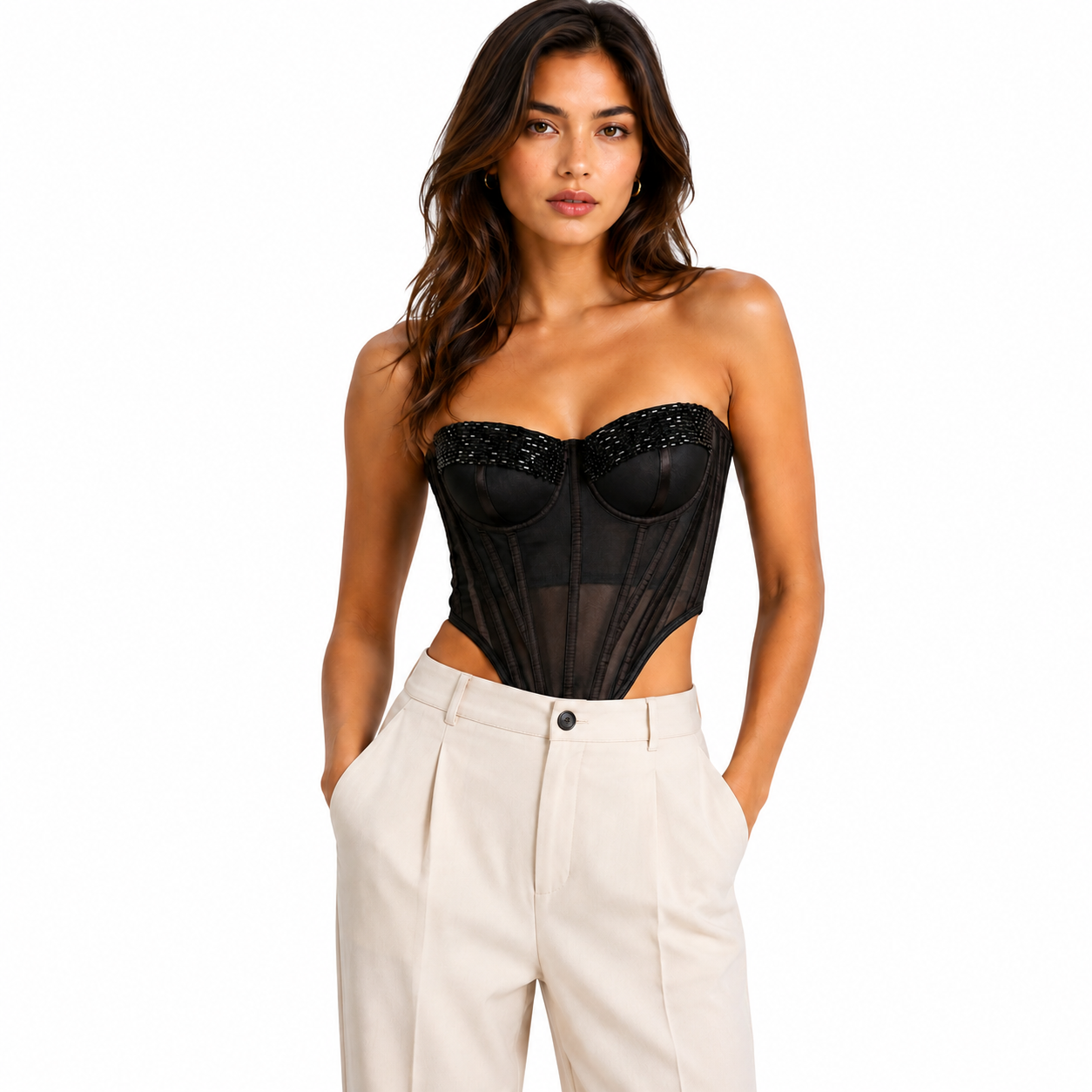 Black Sheer Structured Corset Top