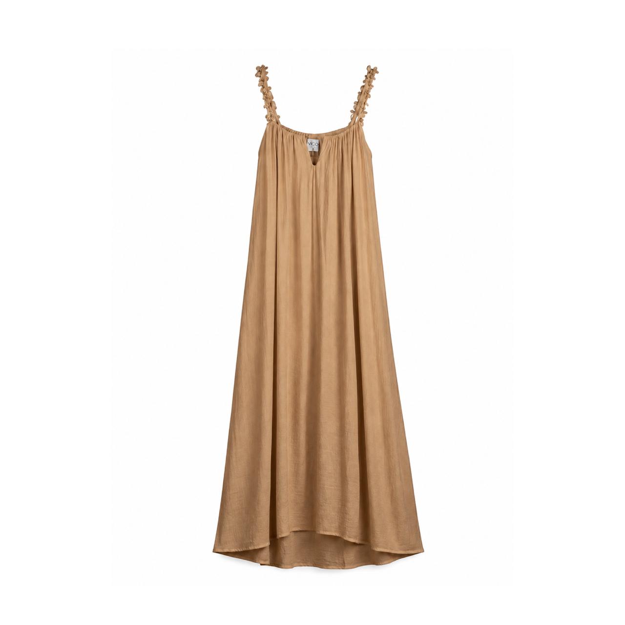 Camel Floral Strap Maxi Dress on a clean white studio background.
