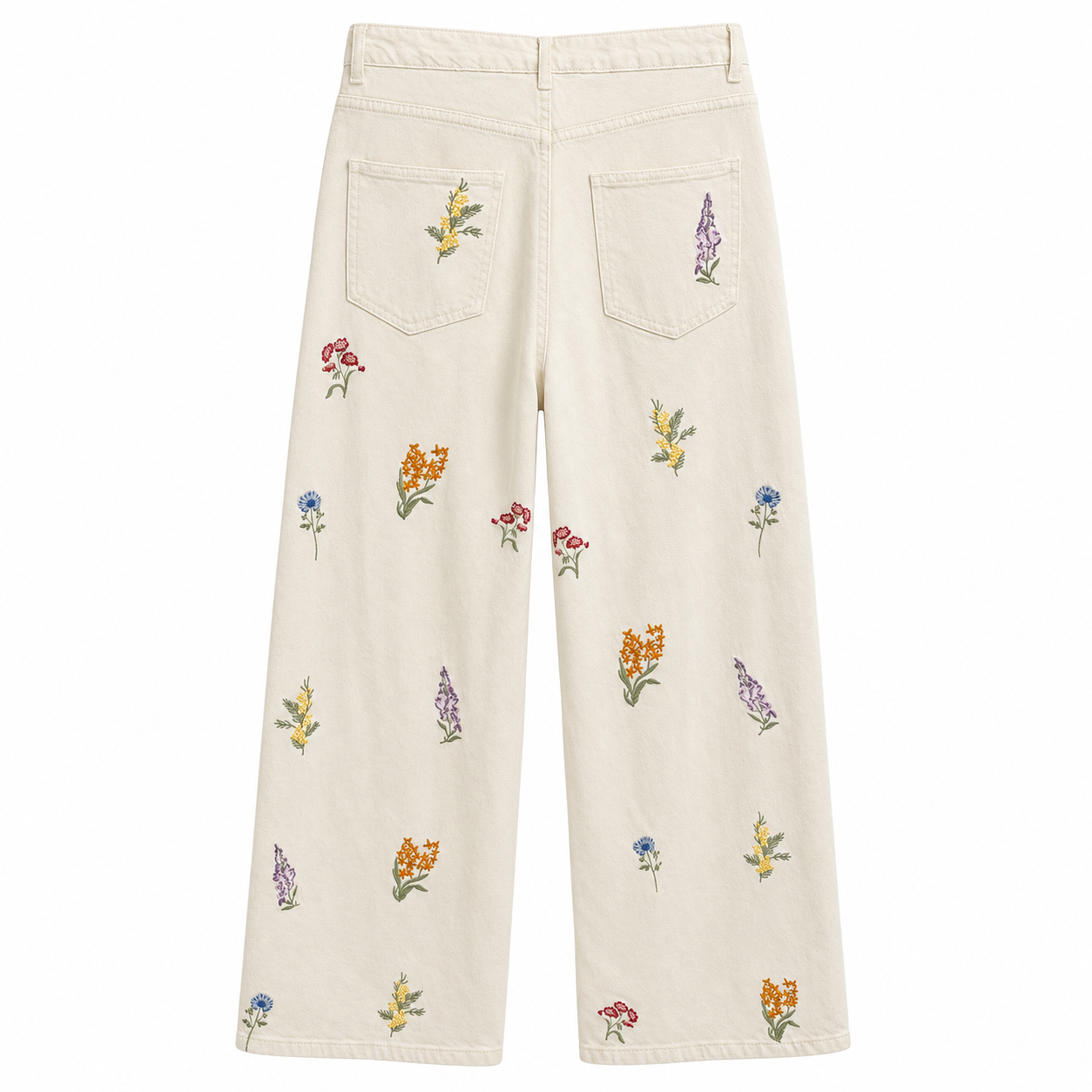 Beige Floral Embroidered Wide Leg Pants