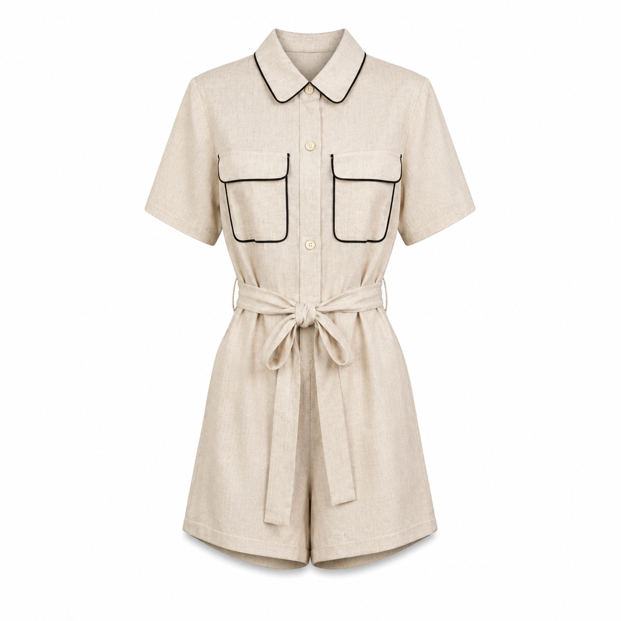 Natural Belted Utility Romper on a clean white studio background.