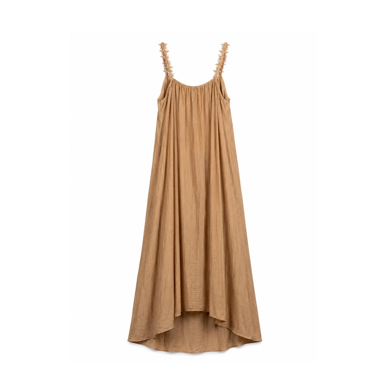 Camel Floral Strap Maxi Dress on a clean white studio background.