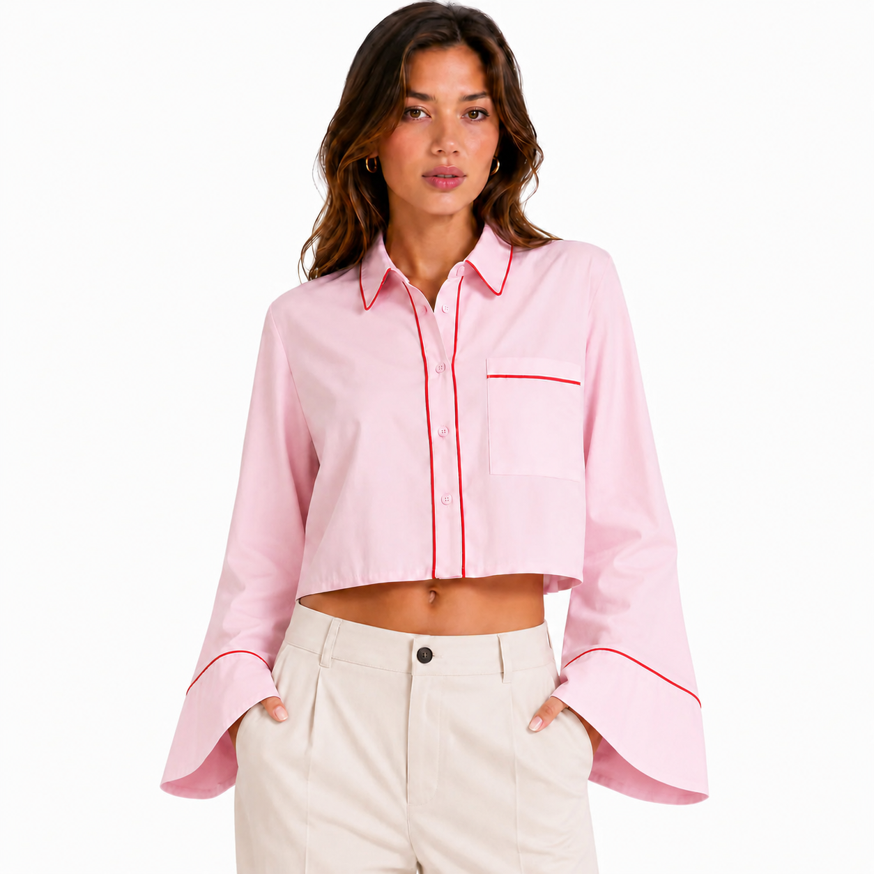 Rosé Cropped Chemise with Red Piping