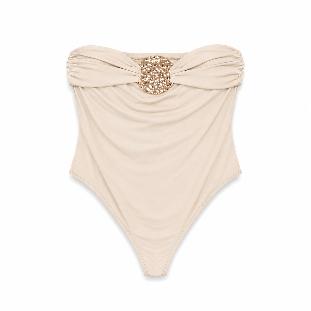 Beige Strapless Embellished Bodysuit on a clean white studio background.