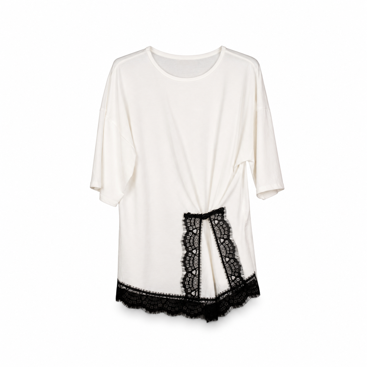 White Black Lace Trim Tunic Top on a clean white studio background.