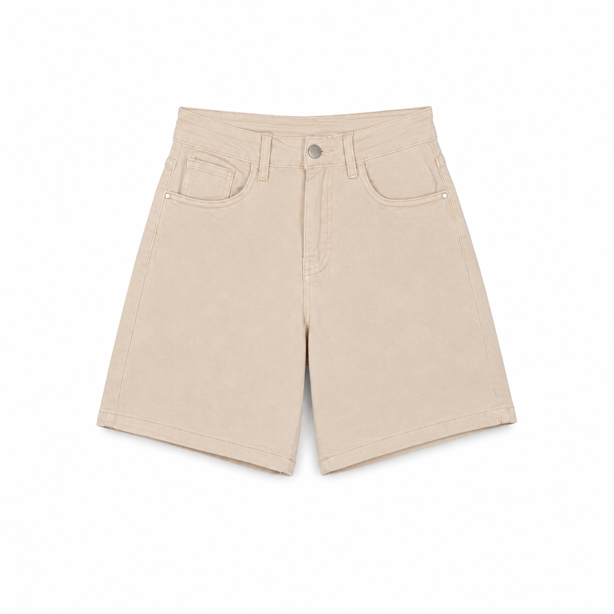 Beige Tailored Denim Shorts on a clean white studio background.