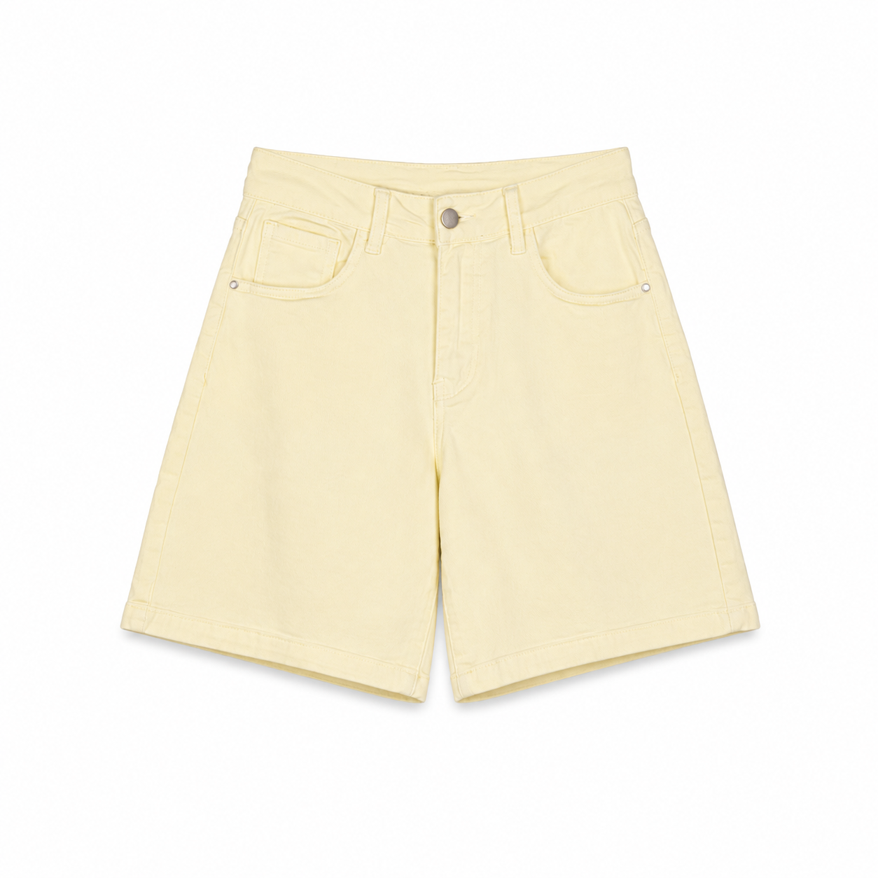 Butter Yellow Tailored Denim Shorts on a clean white studio background.