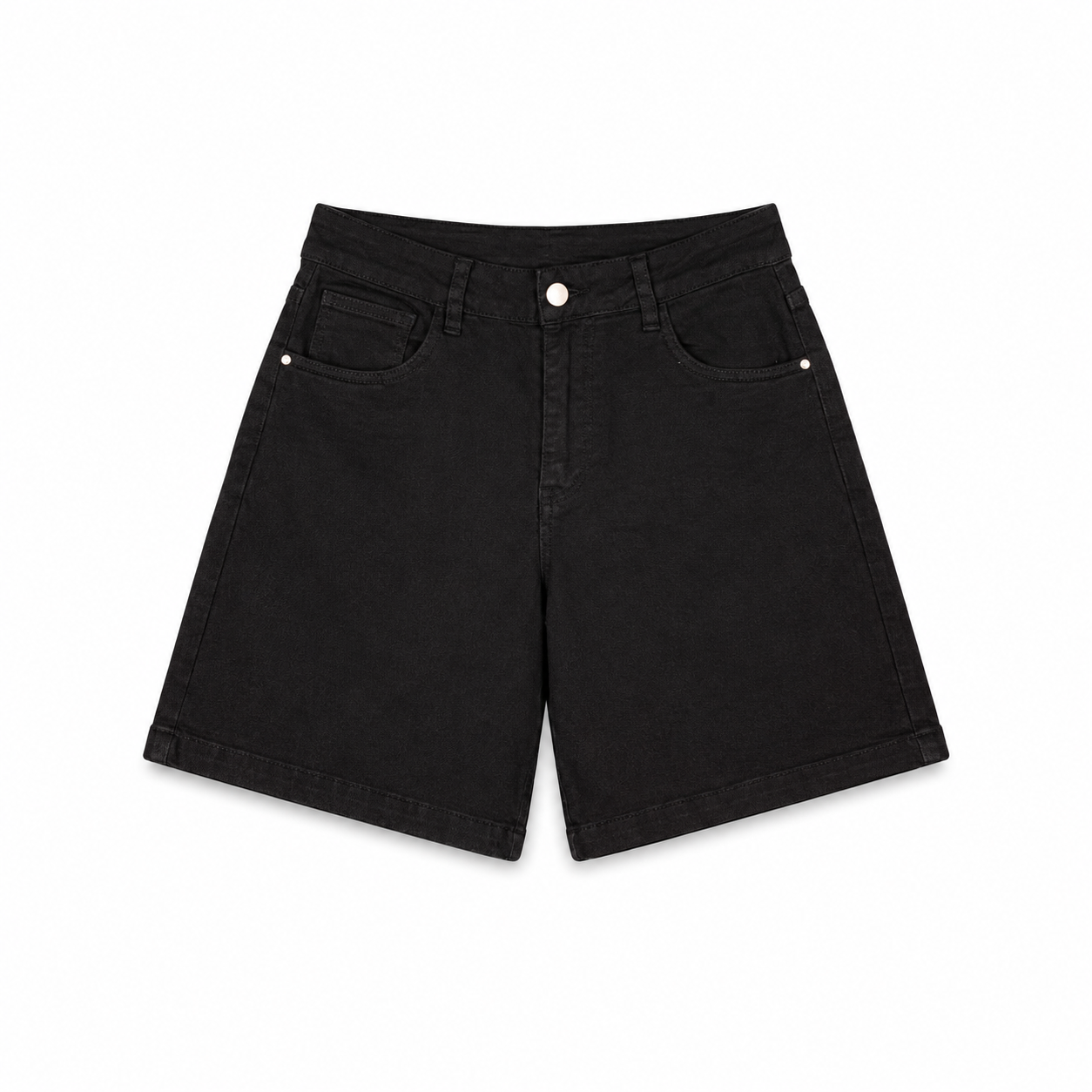 Black Tailored Denim Shorts on a clean white studio background.