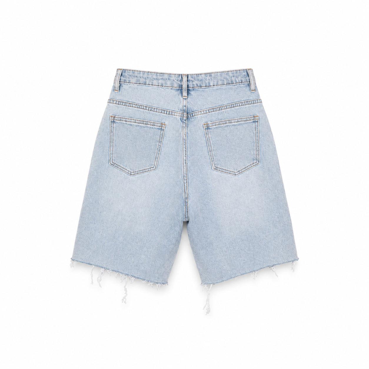Light Blue Raw Hem Denim Shorts on a clean white studio background.