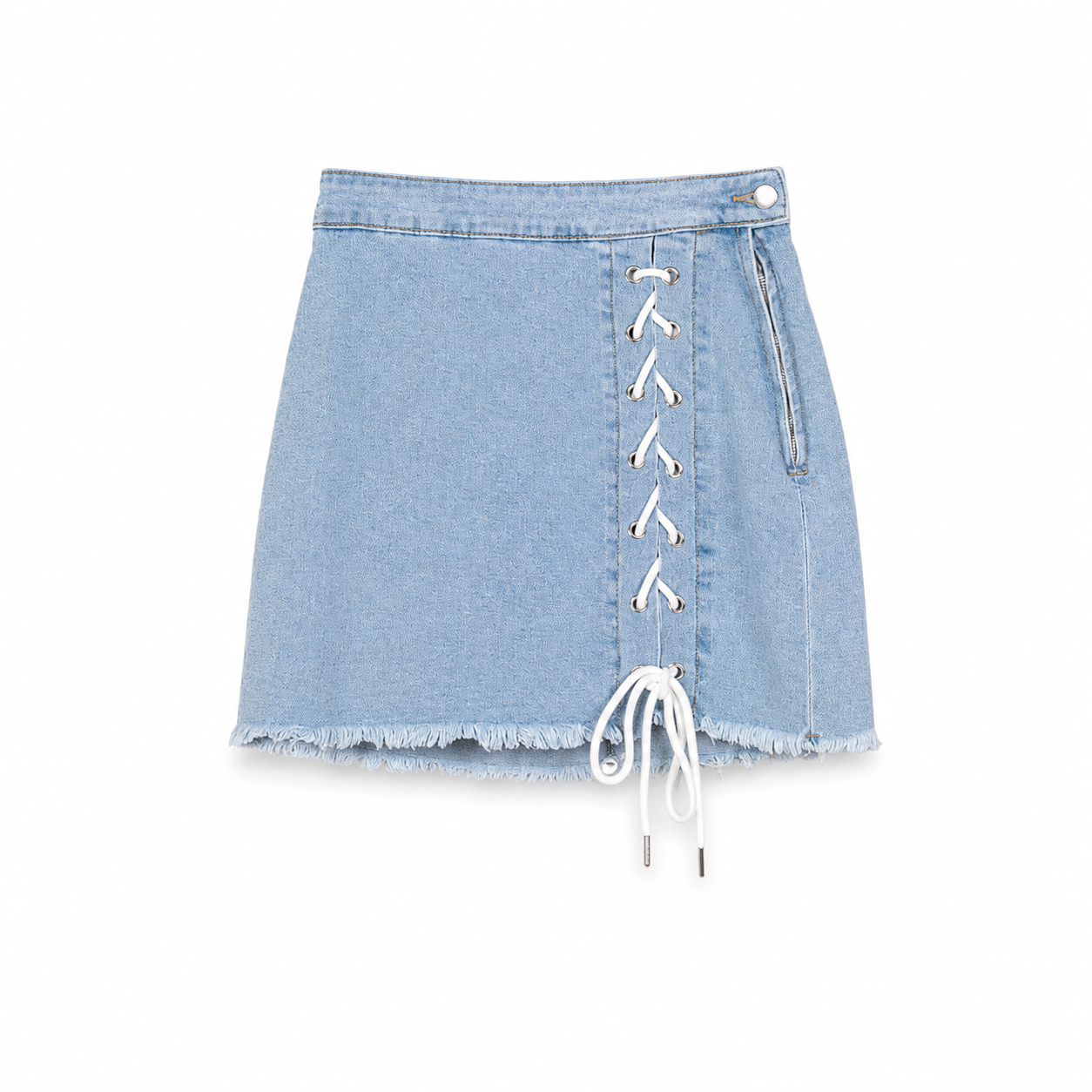 Light Blue Lace-Up Denim Mini Skirt on a clean white studio background.
