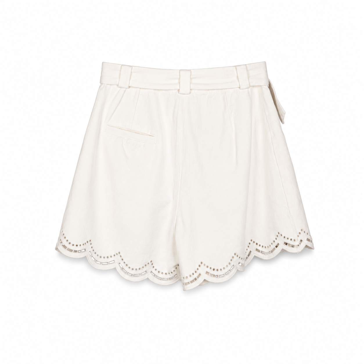 White Scalloped Belted Shorts on a clean white studio background.