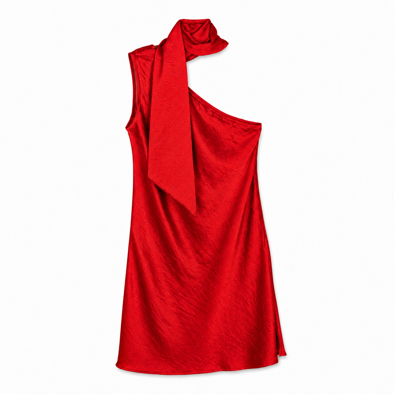 Red One-Shoulder Draped Dress on a clean white studio background.