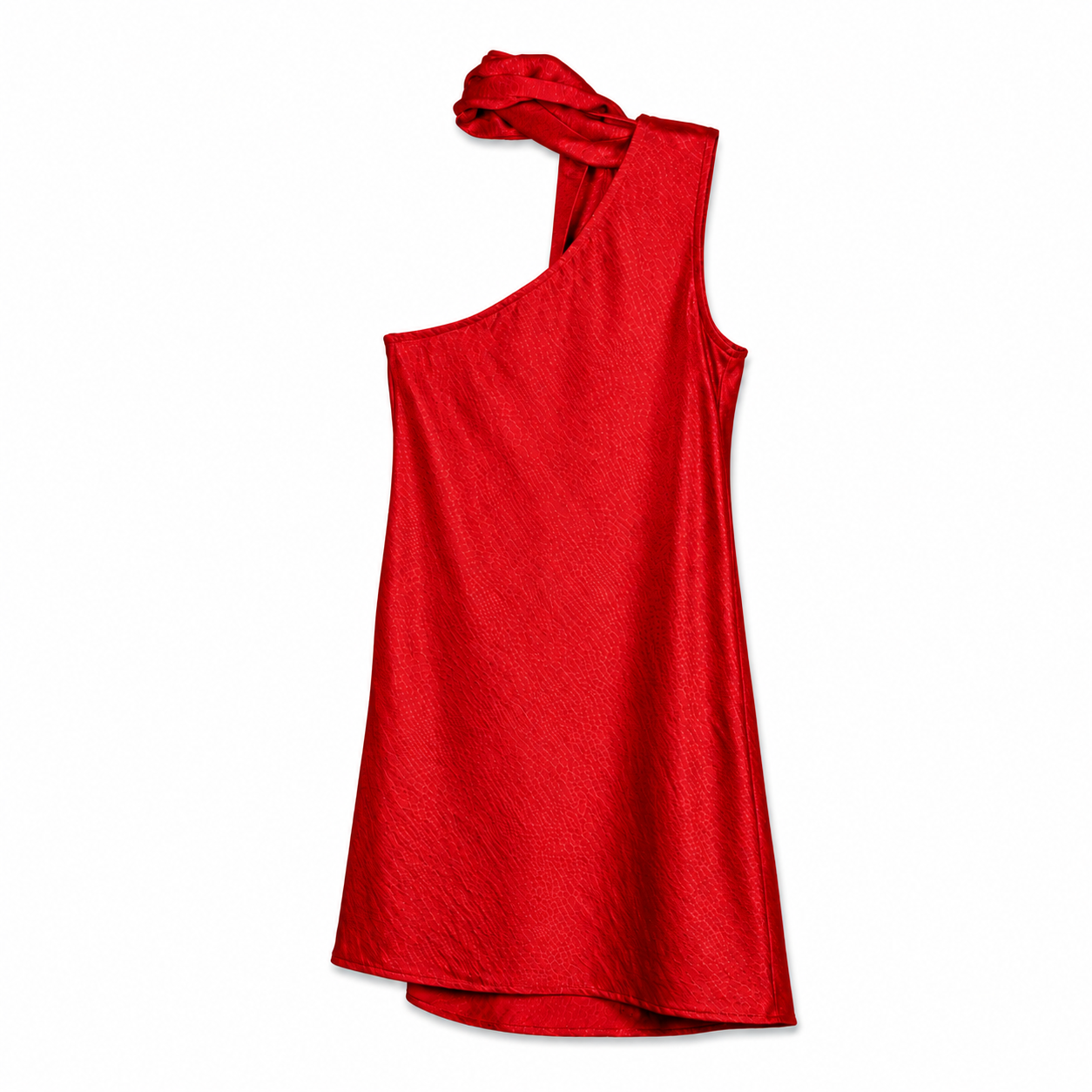 Red One-Shoulder Draped Dress on a clean white studio background.