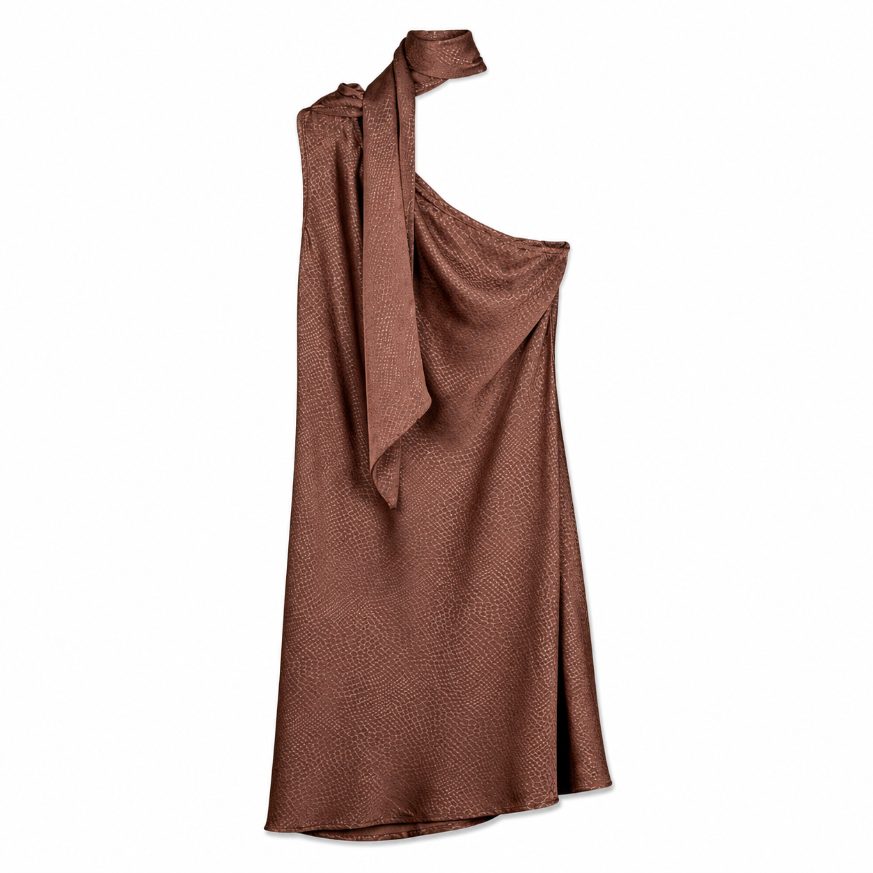 Mocha One-Shoulder Draped Dress on a clean white studio background.