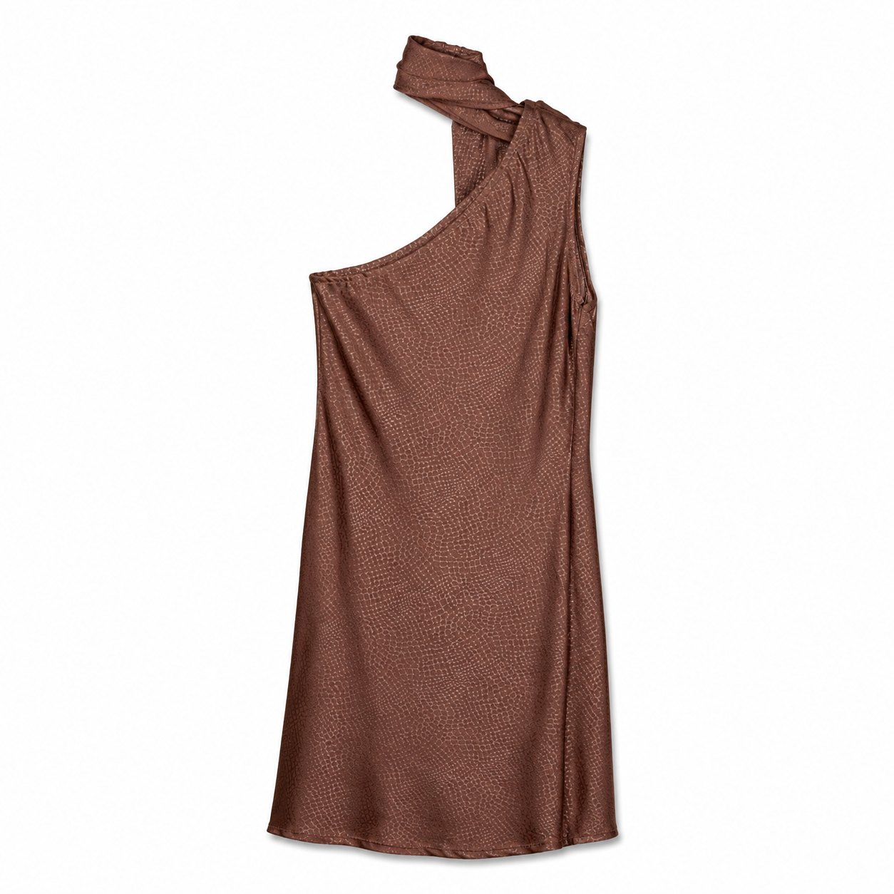 Mocha One-Shoulder Draped Dress on a clean white studio background.