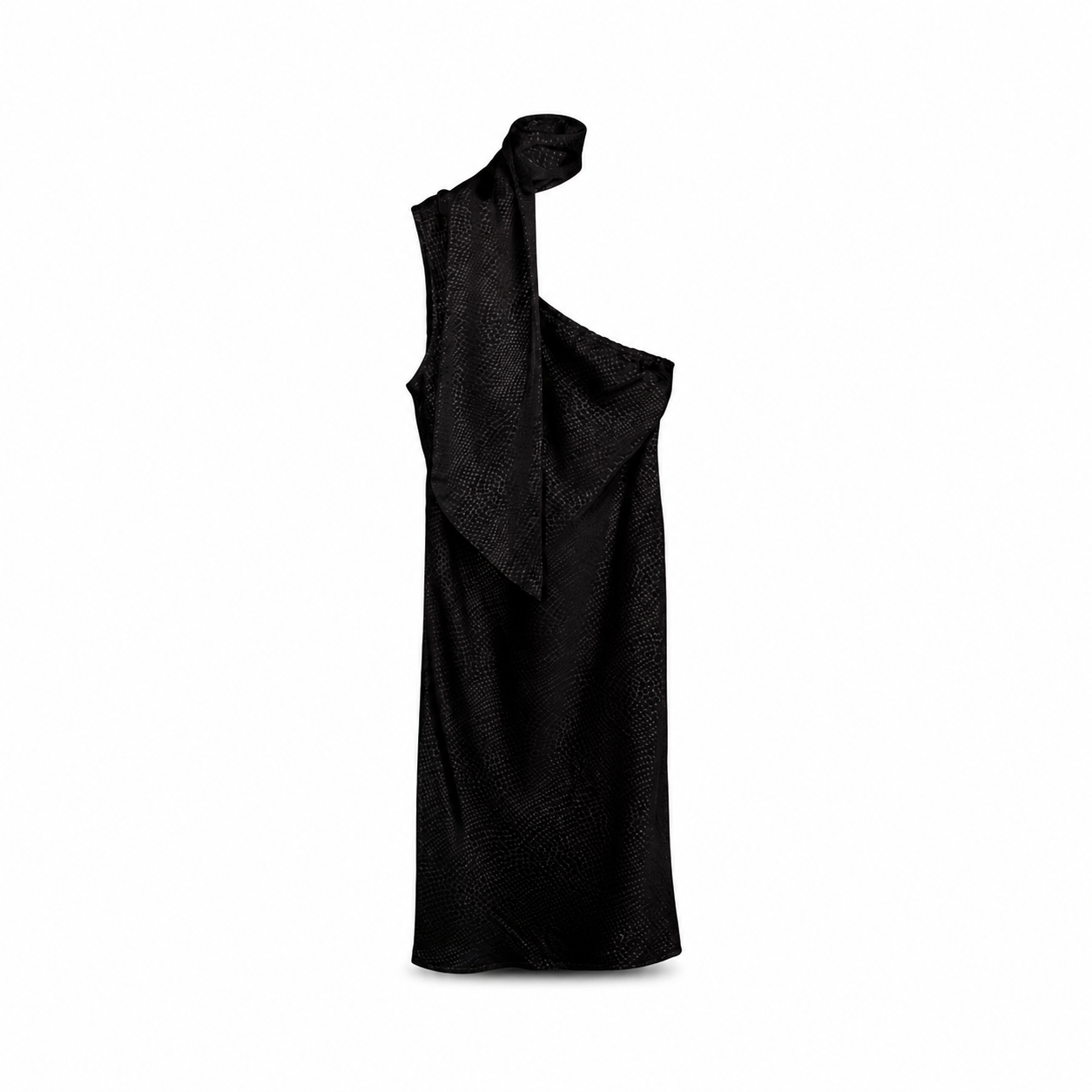 Black One-Shoulder Draped Dress on a clean white studio background.