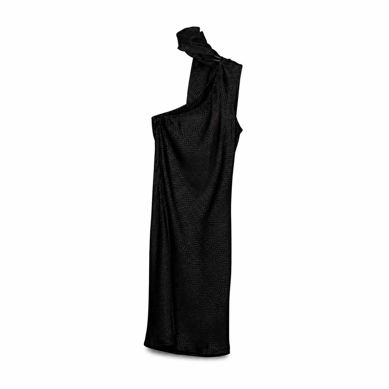 Black One-Shoulder Draped Dress on a clean white studio background.