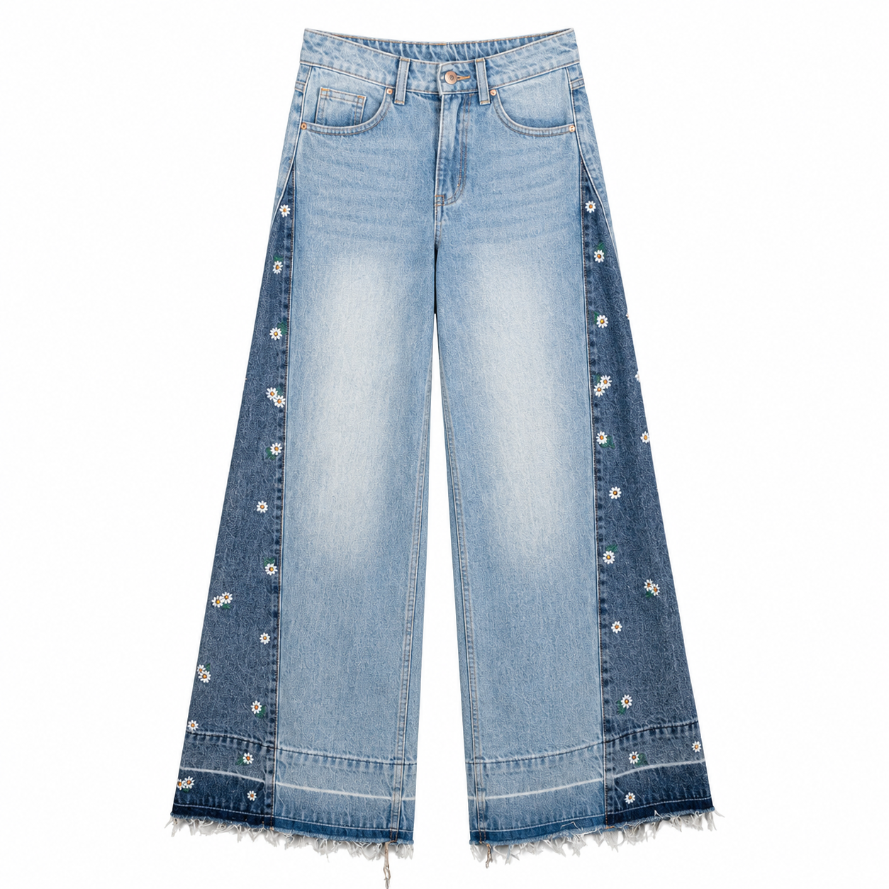 Blue Daisy Panel Wide Leg Jeans on a clean white studio background.