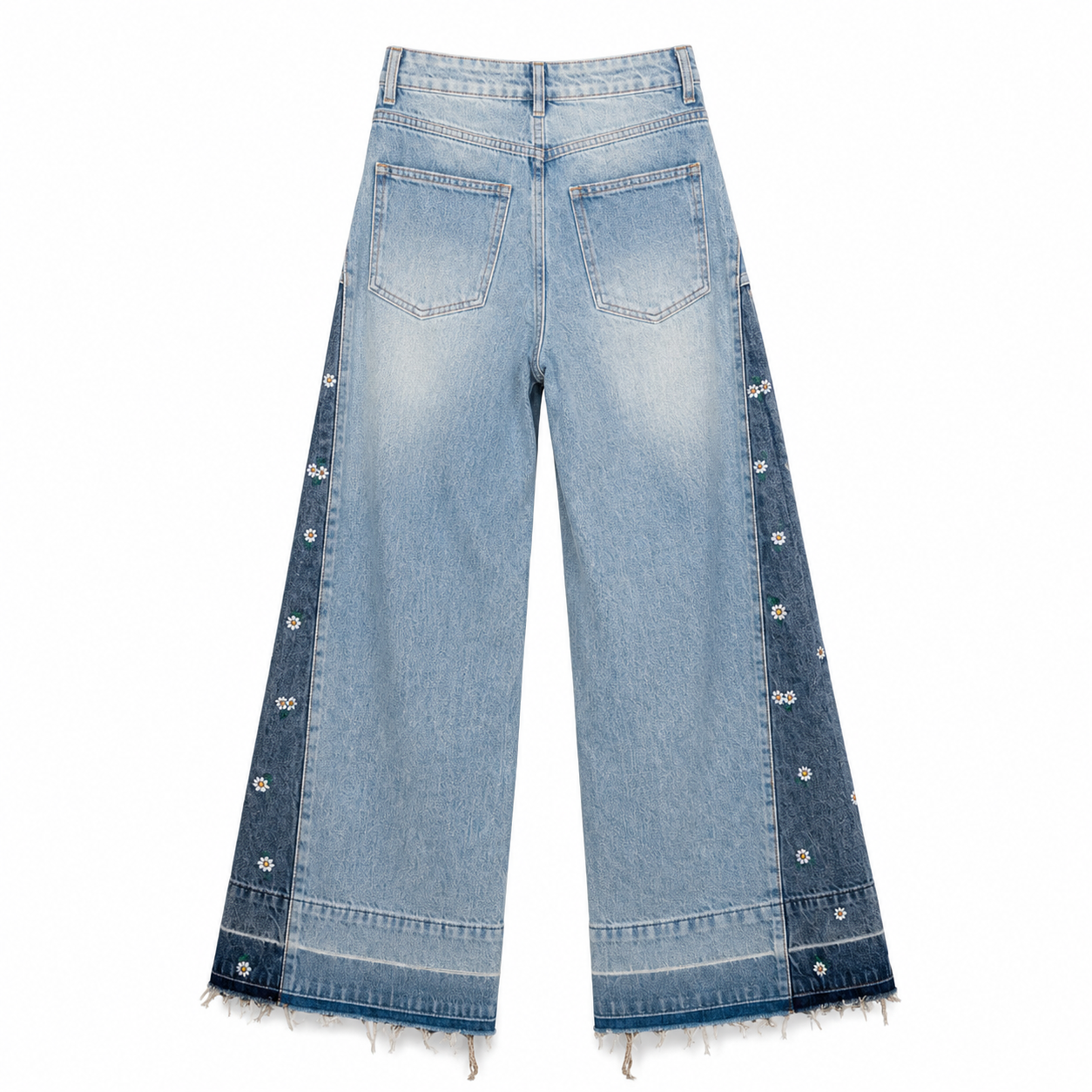 Blue Daisy Panel Wide Leg Jeans on a clean white studio background.