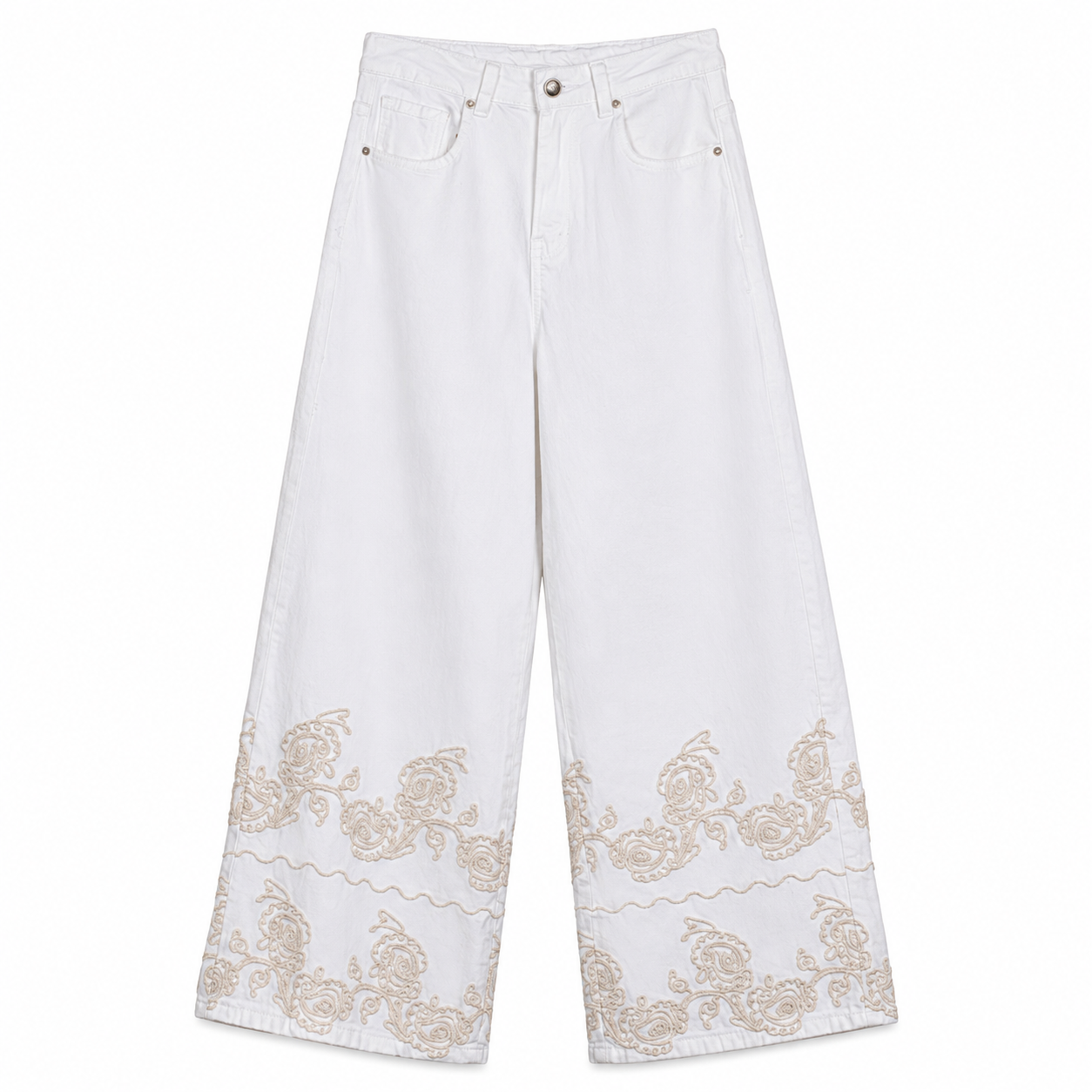 White Embroidered Wide Leg Jeans on a clean white studio background.
