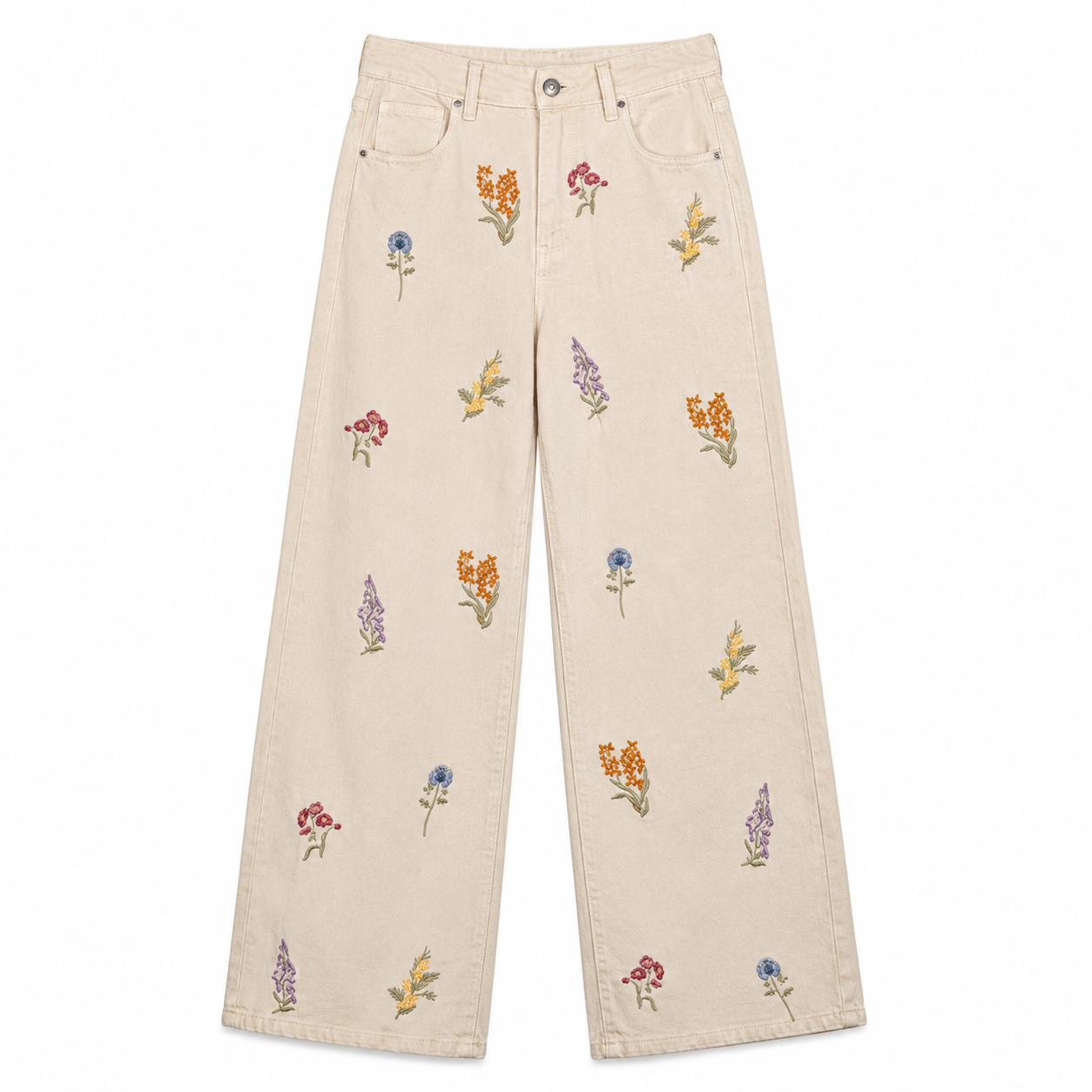 Beige Floral Embroidered Wide Leg Pants on a clean white studio background.