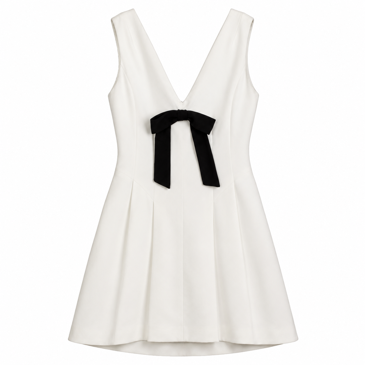 White V-Neck Mini Dress with Black Bow on a clean white studio background.