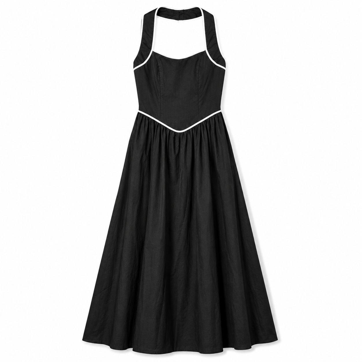 Black Full Skirt Dress with White Piping on a clean white studio background.