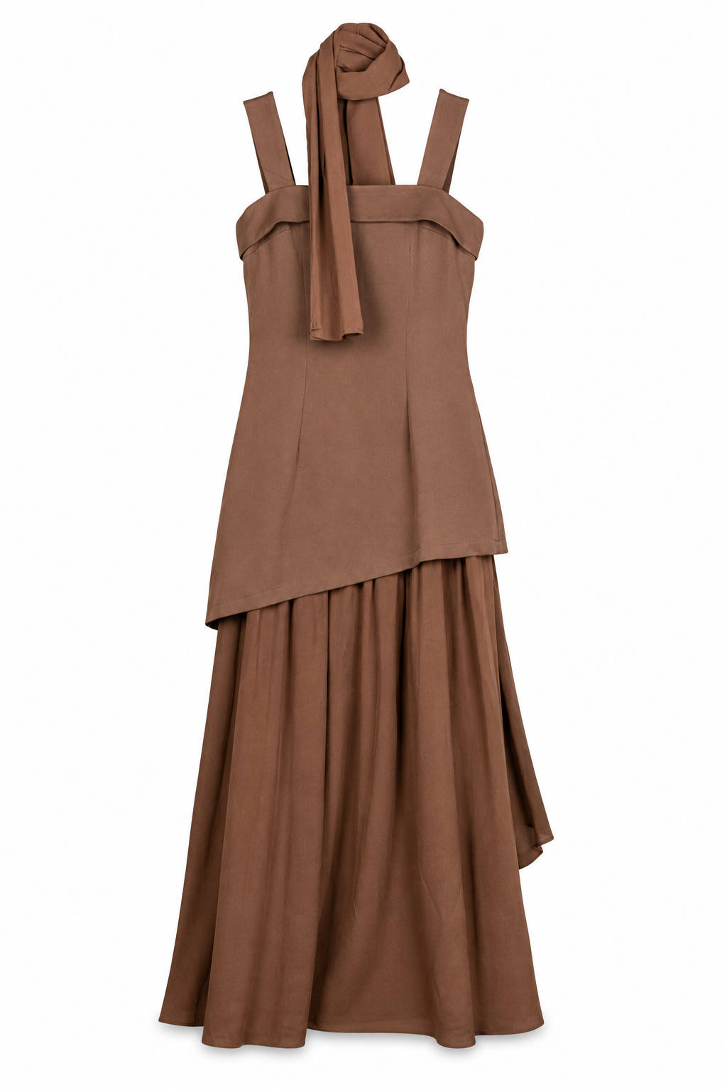 Chocolate Brown Layered Midi Dress on a clean white studio background