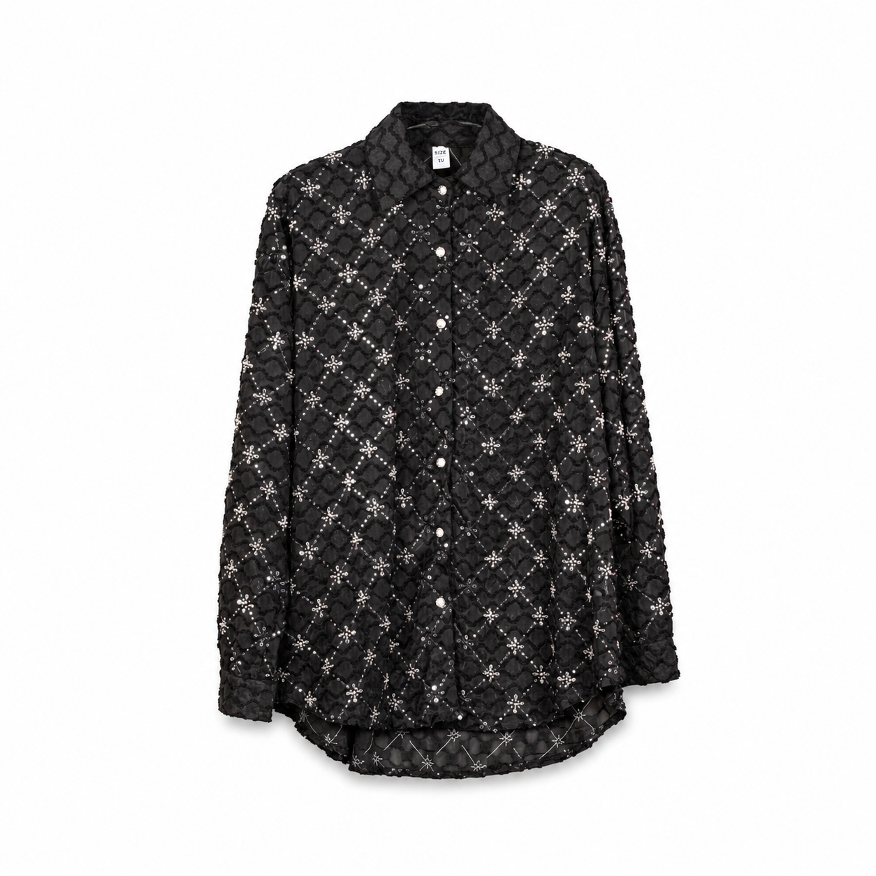 Black Sequined Lace Shirt on a clean white studio background.