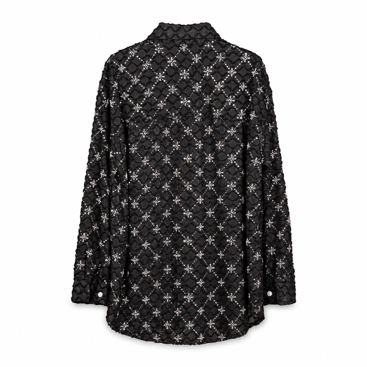 Black Sequined Lace Shirt on a clean white studio background.