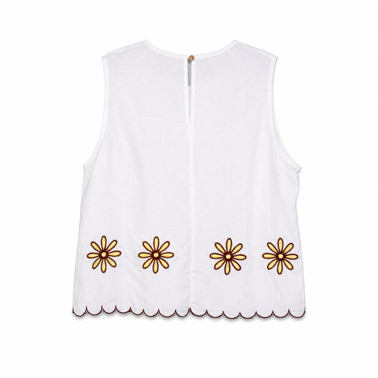 White Daisy Embroidered Sleeveless Top on a clean white studio background.