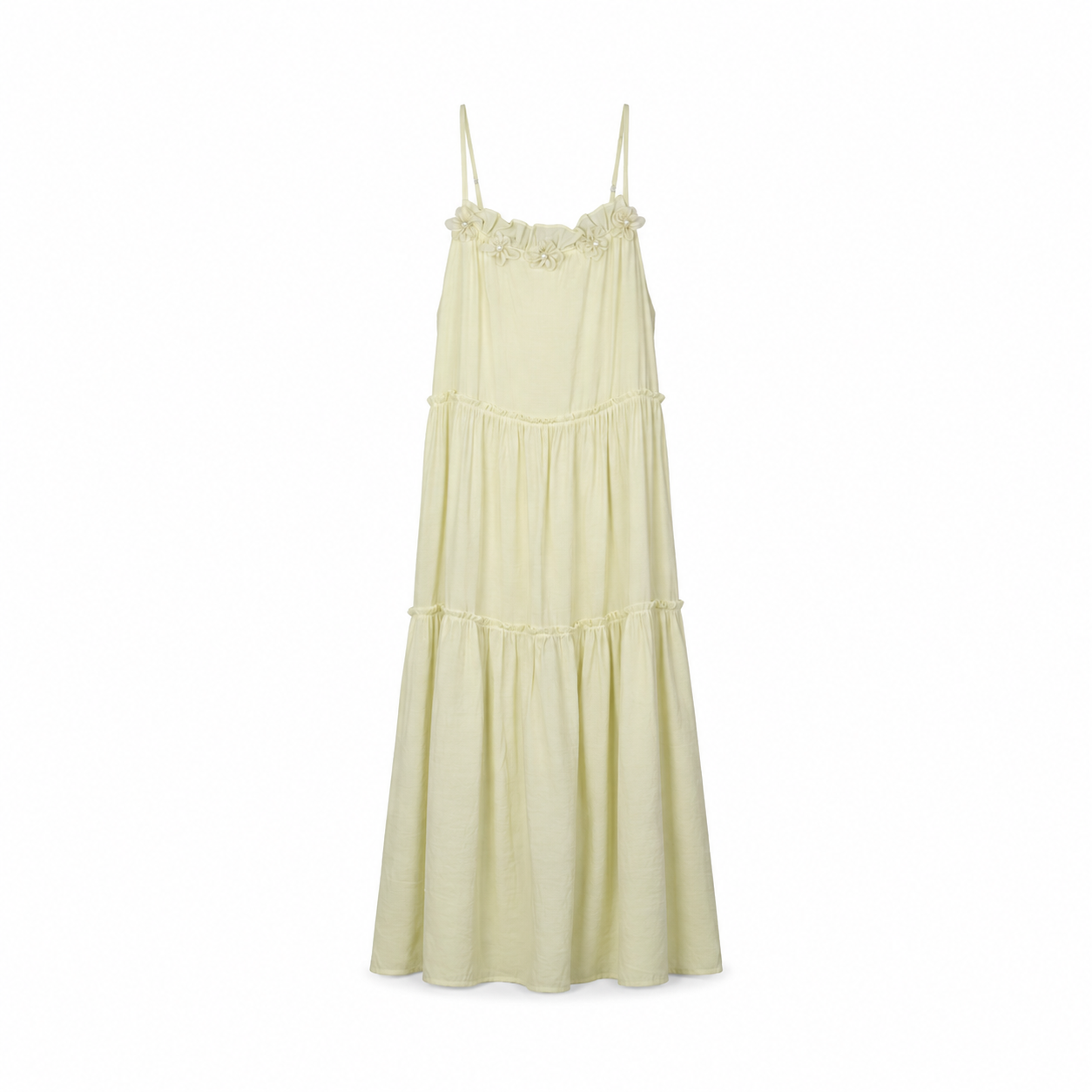 Pale Yellow Tiered Maxi Dress on a clean white studio background.