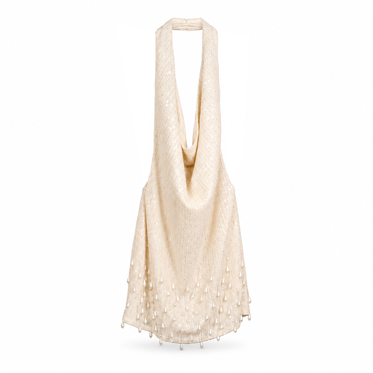 Champagne Beaded Halter Mini Dress on a clean white studio background.