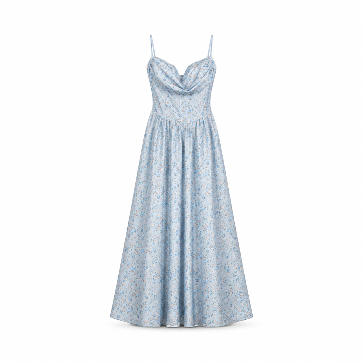 Blue Floral Strappy Maxi Dress on a clean white studio background.