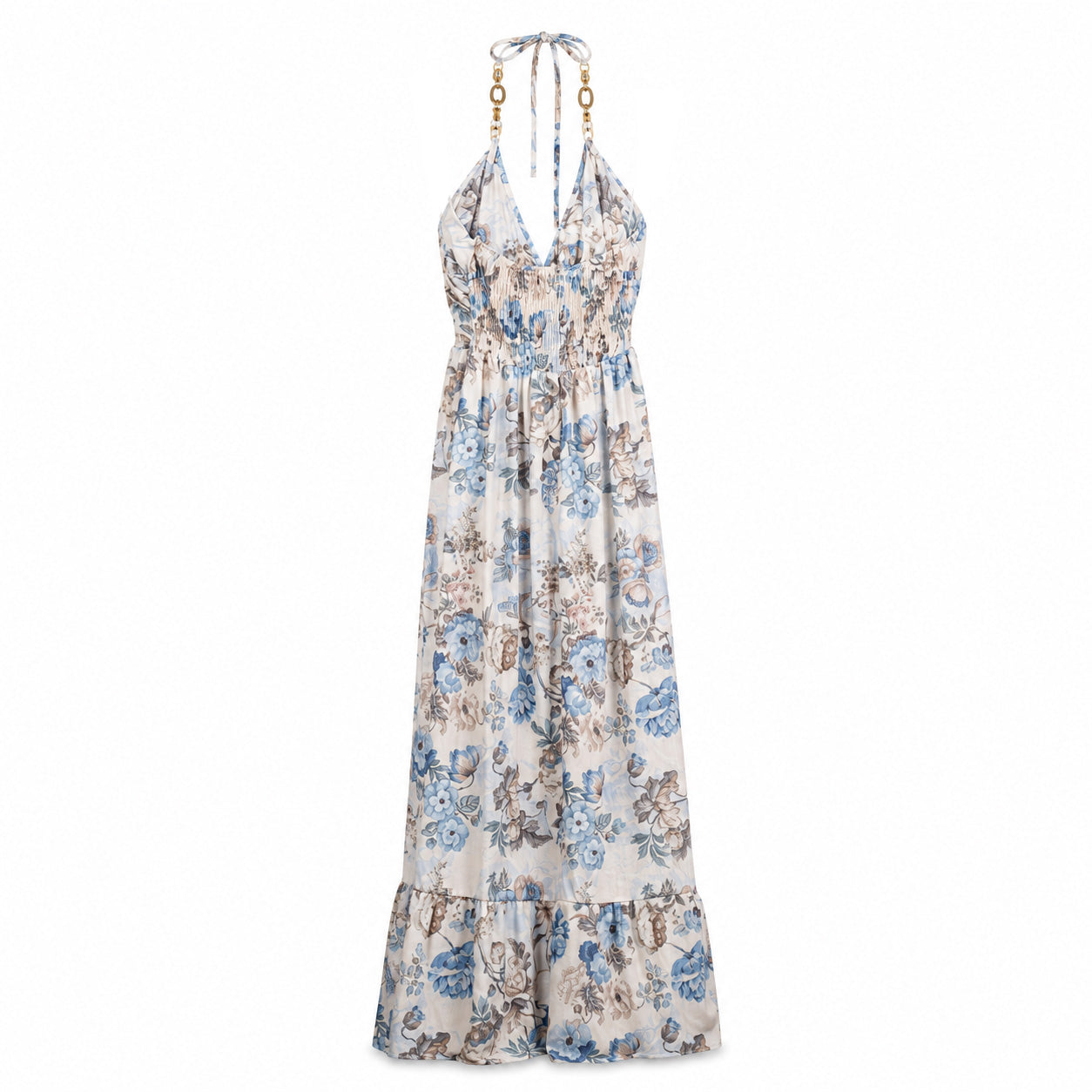 Blue Floral Halter Maxi Dress on a clean white studio background.