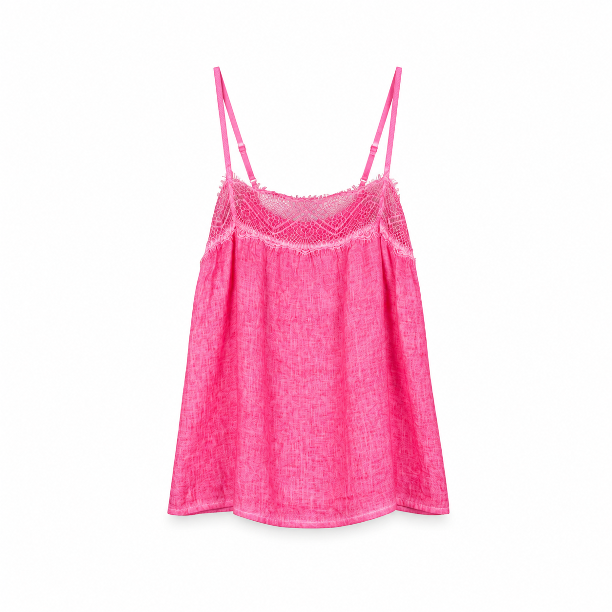 Hot Pink Lace Trim Camisole Top on a clean white studio background.
