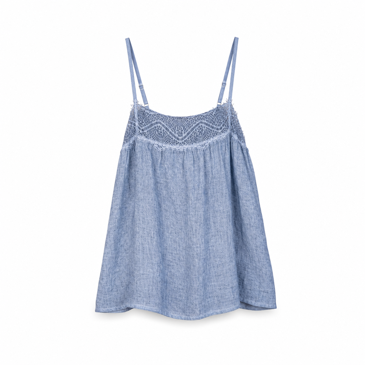 Blue Lace Trim Camisole Top on a clean white studio background.