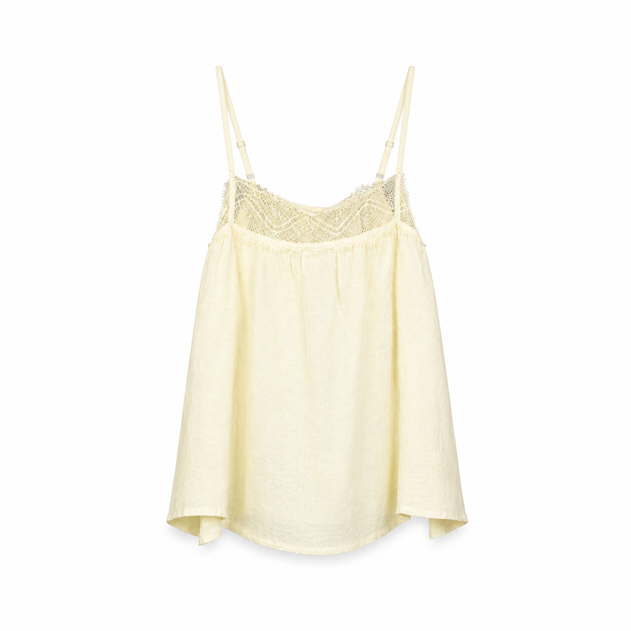 Yellow Lace Trim Camisole Top on a clean white studio background.