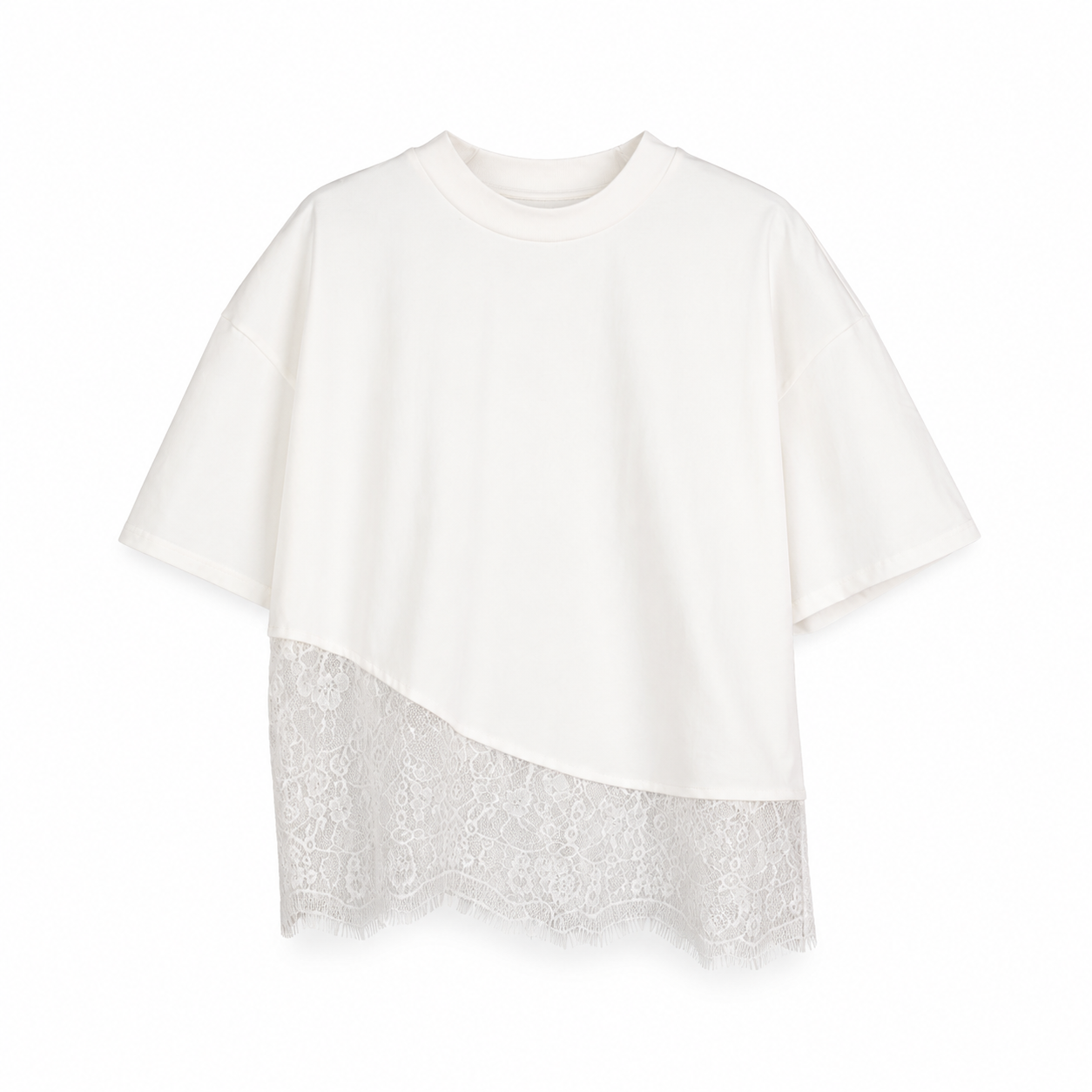 White Lace Hem Layered T-Shirt on a clean white studio background.