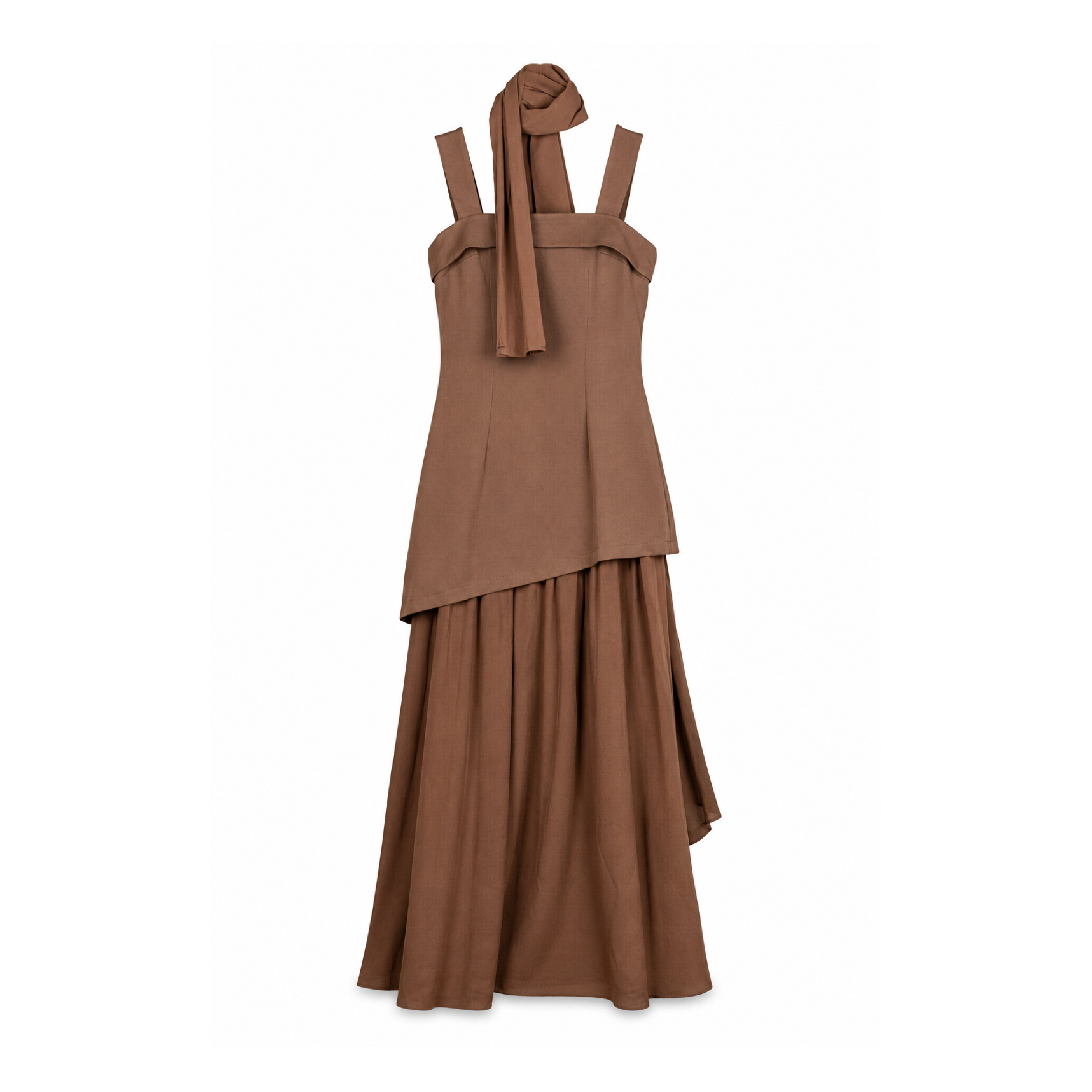 Chocolate Brown Layered Midi Dress on a clean white studio background.