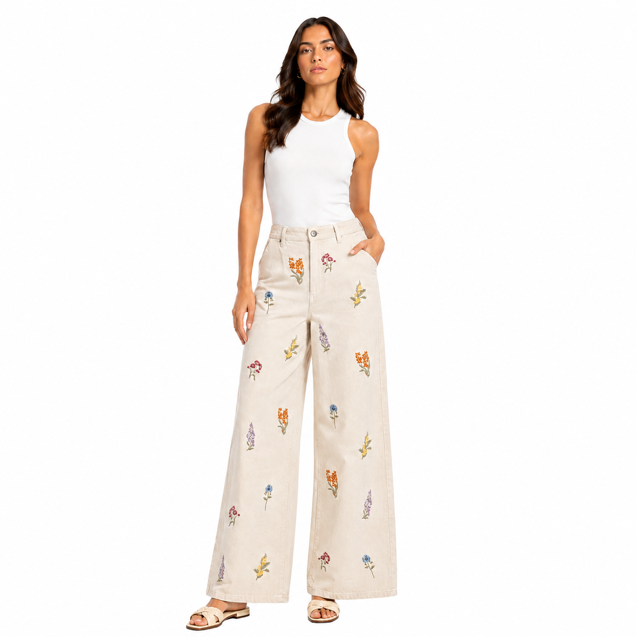 Beige Floral Embroidered Wide Leg Pants
