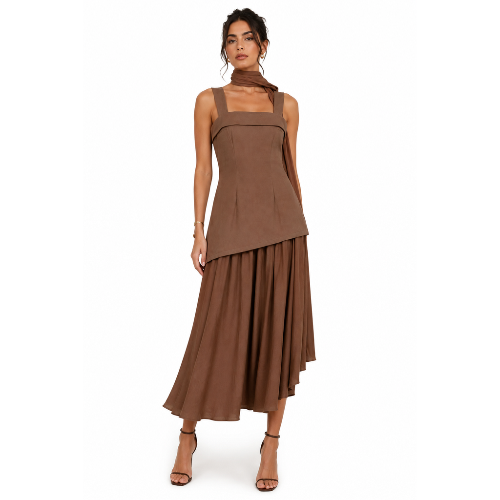 Chocolate Brown Layered Midi Dress on a clean white studio background.