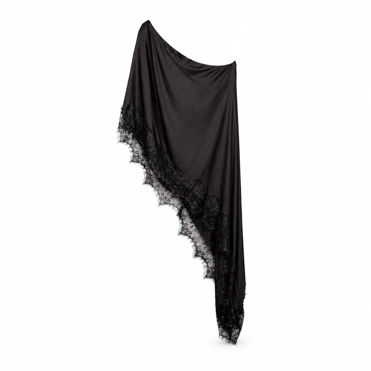 Black Asymmetric Fringe Cover-Up on a clean white studio background.