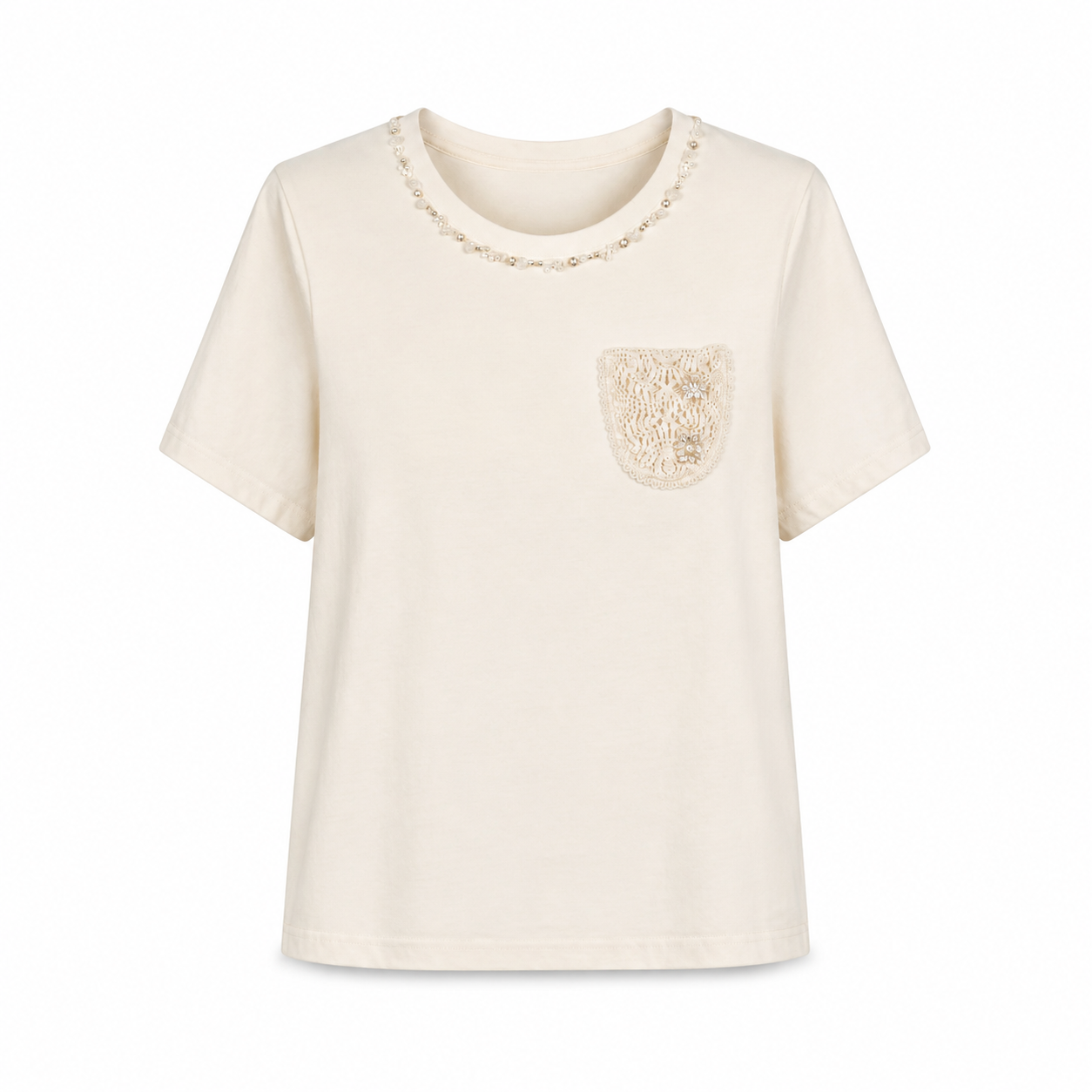 Ivory Pearl Neckline T-Shirt on a clean white studio background.