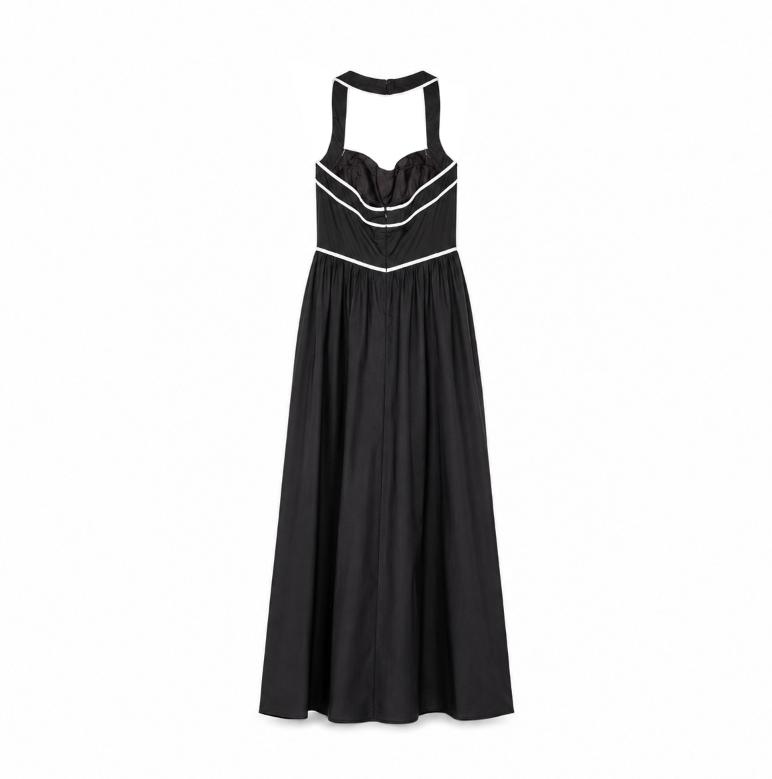 Black Full Skirt Dress with White Piping on a clean white studio background.