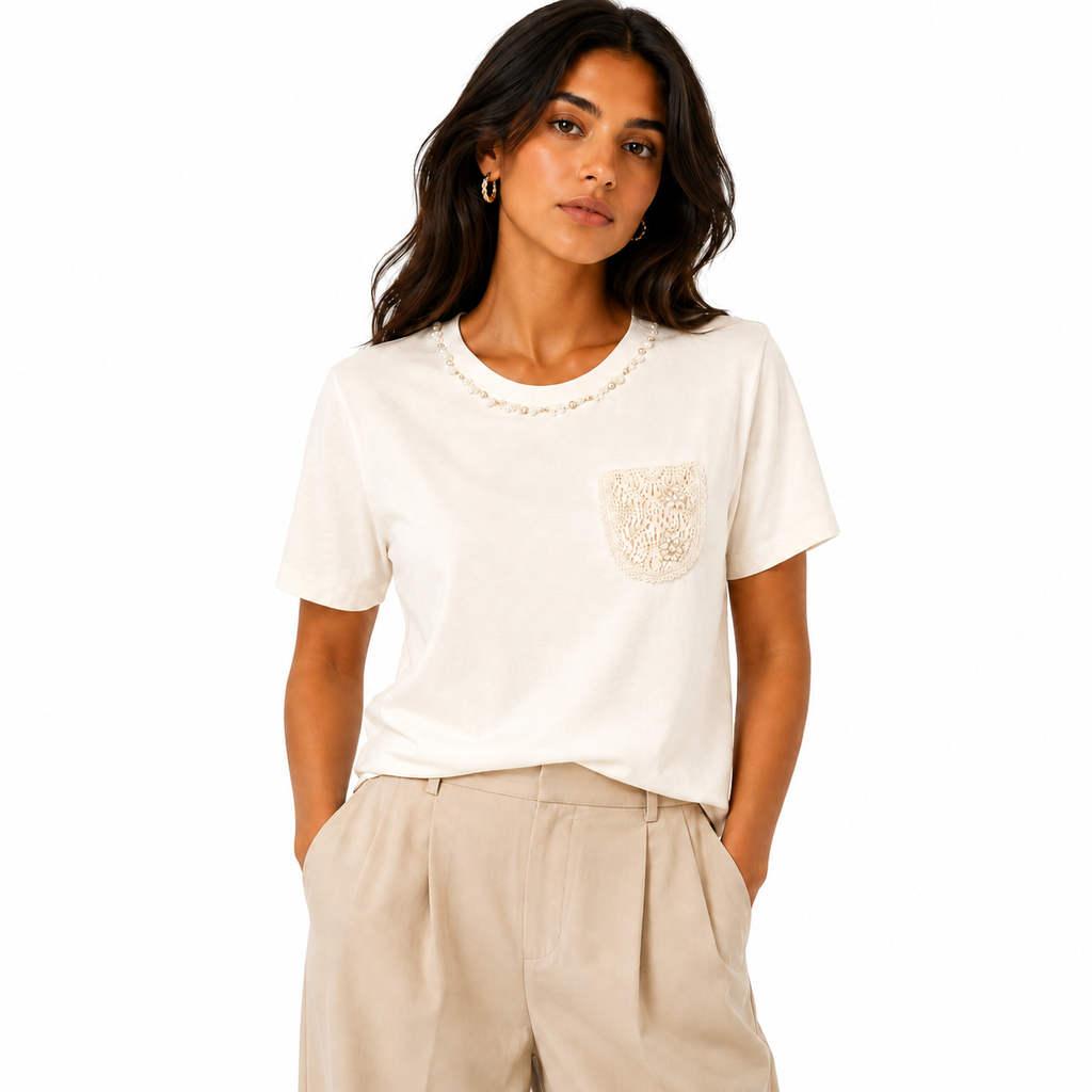 Ivory Pearl Neckline T-Shirt