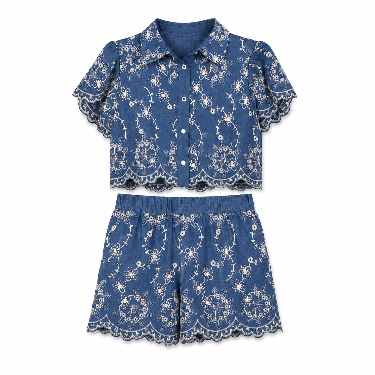 Blue Embroidered Lace Shirt on a clean white studio background.